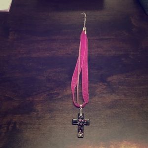 HANDBLOWN GLASS BLACK&PURPLE CROSS NECKLACE